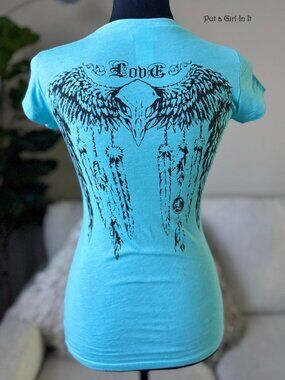 Vocal Apparel Women's Crystal Blue Dreamcatcher Skull Angel Wings Shirt S M L XL